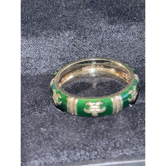 Hidalgo 18K Gold Green Enamel Fleur-de-Lis Ring Band Size 6.75 - Picture 3 of 5